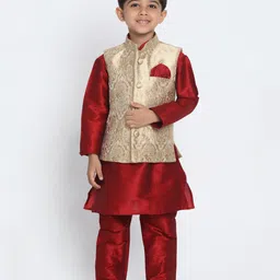 JBN Creation Full Sleeves Solid Kurta With Coordinating Pyjama & Floral Embroidered Nehru Jacket Set - Gold & Maroon-picture-17