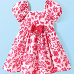 Babyhug Poplin Woven Half Puffed Sleeves Frock with Bow Applique & Floral Print - Dark Pink-picture-10