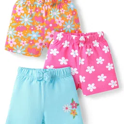 Babyhug Single Jersey Knit Mid Thigh Shorts with Floral Print & Bow Applique Pack Of 3 - Pink Orange & Light Blue image 1