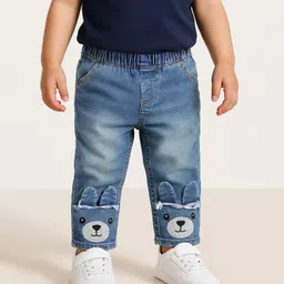 Babyoye Cotton Woven Full Length Jeans With Teddy Bear Embroidery & Ear Applique - Blue-picture-28
