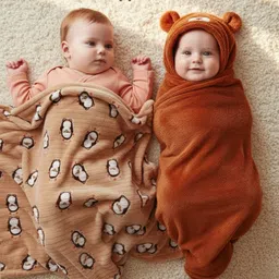 ZOE Baby Flannel 3-Layer Blanket with Sherpa Penguin Print & Coral Hooded Wrapper Bear Theme - Ultra Soft Blanket & Wrapper Set of 2 for Newborns 0-6 Months, Beige, Lightweight & Travel Friendly-image-39