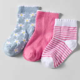 Cute Walk by Babyhug Knit Anti Bacterial Ankle Length Socks With Stripes & Floral Design Pack of 3 - Multicolor-image-91