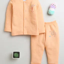BUMZEE Cotton Knit Full Sleeves Thermal T-Shirt & Lounge Pant Set With Cat Print - Orange-image-37