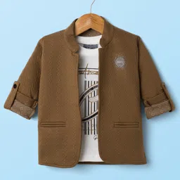 Dapper Dudes Full Sleeves Textured Blazer With Typography Printed Tee Set - Brown-picture-23