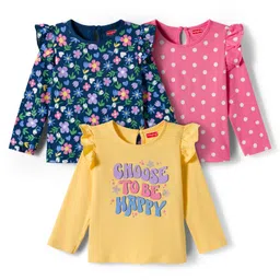 Babyhug 100% Cotton Knit Full Sleeves T-Shirts with Frill Detailing Floral Polka Dots & Text Print Pack of 3 - Yellow Navy Blue & Pink-picture-11
