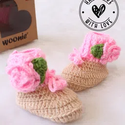Woonie Woven Floral Applique Detailed Handmade Booties - Beige-image-10