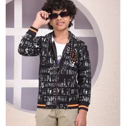 CRIMSOUNE CLUB Cotton Woven Full Sleeves Hustle Text Printed Light Winter Hooded Sweatjacket - Black-image-79