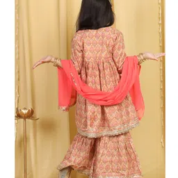 AJ Dezines Three Fourth Sleeves Gota Lace Embellished Printed Kurta With Sharara And Dupatta Set - Peach image 3
