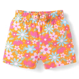 Babyhug Single Jersey Knit Mid Thigh Shorts with Floral Print & Bow Applique Pack Of 3 - Pink Orange & Light Blue image 2