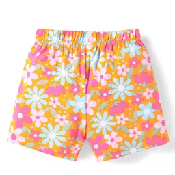 Babyhug Single Jersey Knit Mid Thigh Shorts with Floral Print & Bow Applique Pack Of 3 - Pink Orange & Light Blue image 3