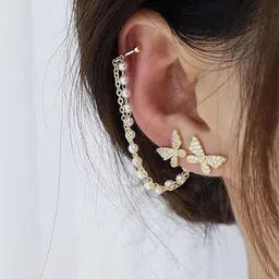 Zaphariq Gold-Plated Pearls Beaded Studded Butterfly Korean Ear Cuffs-picture-13