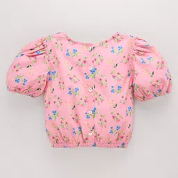 arias by lara dutta Arias Cotton Poplin Printed Crop Top With  Elasticated Hem And Back Button Opening - Pink image 4