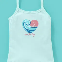 Revvo Junior Cotton Knit Sleeveless Slips Palm Tree & Text Print Pack of 3 - Blue Yellow & Pink image 4