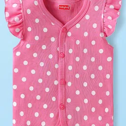 Babyhug 100% Cotton Knit Frill Sleeves Front Open Vests with Floral & Polka Dots Print Pack of 3 - Pink Yellow & White image 4