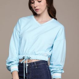 FCUK Solid V-Neck Long Sleeves Crop Sweatshirt-picture-15