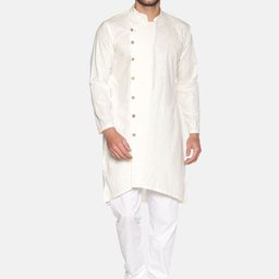 Sethukrishna Men Cream-Coloured Solid Angrakha Cotton Straight Kurta-picture-22