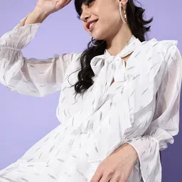 EVERYDAY by ANI White Tie-Up Neck Chiffon Mini Dress-image-82