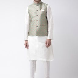 DEYANN Men White & Green Solid Kurta with Churidar & Nehru Jacket-picture-46
