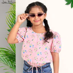 arias by lara dutta Arias Cotton Poplin Printed Crop Top With  Elasticated Hem And Back Button Opening - Pink-picture-14