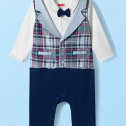 Babyhug 100% Cotton Full Sleeves Romper Checkered - White & Navy Blue-picture-23