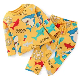 Babyhug Cotton Single Jersey Knit Full Sleeves Night Suit Marine Life Print - Yellow-picture-15