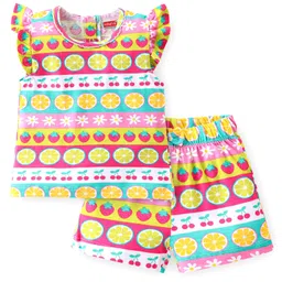 Babyhug Cotton Knit Single Jersey Frill Sleeves Night Suit With Fruits Theme Print - Multicolour-image-74