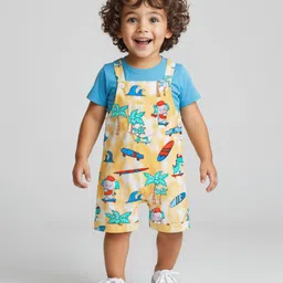 Babyhug Single Jersey Cotton Knit Dungaree with Half Sleeves Inner Tee Jungle Beach Theme  Print - Multicolour-picture-21