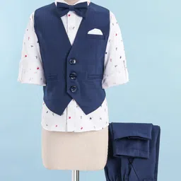 Robo Fry Woven Full Sleeves 3 Piece Party Suit with Bow - Navy Blue-picture-10