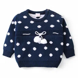 Babyhug Knitted Full Sleeves Pullover Sweater with Polka Dots Design & Pom Pom Applique - Navy Blue-picture-15