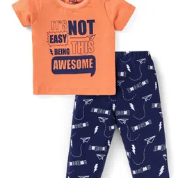 Doodle Poodle 100% Cotton Knit Half Sleeves Night Suit With Text Print - Orange & Navy Blue-picture-34