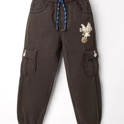 Olio Kids Cotton Woven Full Length Trousers With Cargo Pockets & Eagle Print - Dark Brown-picture-17