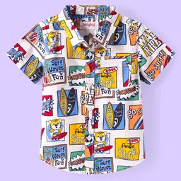 Babyhug Cotton Woven Half Sleeves Shirt with Beach Theme Print - White Blue & Yellow-picture-30