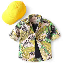 Rikidoos Full Sleeves Leaves Printed Shirt With Attached Tee & Cap - Dark Grey & Multi Colour-picture-22