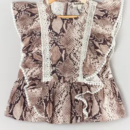 Hugsntugs Woven Cotton Sleeveless Snake Skin Printed Frill & Lace Detailed Top - Brown-picture-23