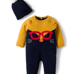 Yellow Apple Knit Full Raglan Sleeves Romper With Face Embroidery & Cap - Navy Blue-picture-15