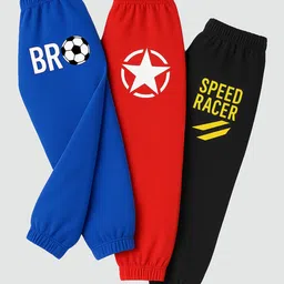 KUCHIPOO Cotton Blend Knit Pack Of 3 Star & Typography Printed Track Pants - Red Blue & Black image 1