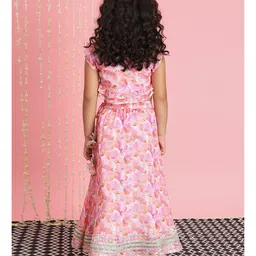 READIPRINT Chinnon Cap Frill Sleeves Water Colour Effect Floral Designed Choli With Coordinating Lehenga - Pink image 3