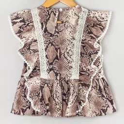 Hugsntugs Woven Cotton Sleeveless Snake Skin Printed Frill & Lace Detailed Top - Brown image 3