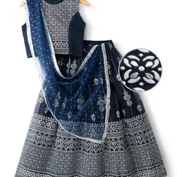 Pine Kids Woven Sleeveless Choli Lehenga & Dupatta Set with Floral Foil Print - Navy Blue image 2