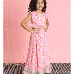 READIPRINT Chinnon Cap Frill Sleeves Water Colour Effect Floral Designed Choli With Coordinating Lehenga - Pink image 4