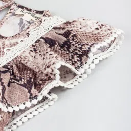 Hugsntugs Woven Cotton Sleeveless Snake Skin Printed Frill & Lace Detailed Top - Brown image 4