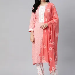 Readiprint Fashions Women Pink Bandhani Printed Regular Mirror Work Kurta with Palazzos & With Dupatta image 1