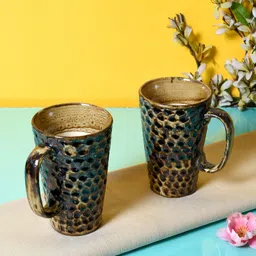Unravel India Set Of 2 Black & Green Ceramic Handcrafted & Hand Painted Coffee Mugs-picture-21