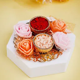 ADIVA Pack Of 2 Stone Studded & Beaded Rakhi With Bag & Pooja Thali Roli Chawal Gift Set image 3