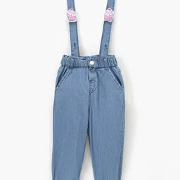Babyhug Cotton Full Length Washed Denim Jeans with Suspenders Cup Cake Applique - Light Blue-picture-12