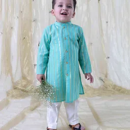 Tiber Taber Pure Cotton Full Sleeves Foil Striped Kurta Pyjama Set - Yellow-picture-16