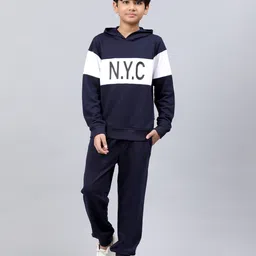 Lil Tomatoes Full Sleeves Placement Text Printed Colour Block Detailed Light Weight Cotton Looper Track Suit - Navy Blue-picture-18