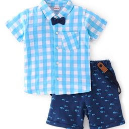 Babyhug 100% Cotton Knit Half Sleeves Shirt & Shorts With Suspender & Bow  Checkered - Navy Blue-picture-33
