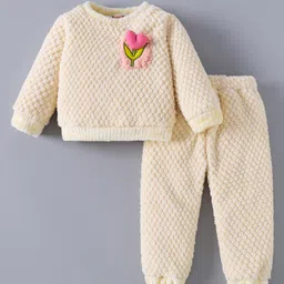 Kookie Kids Full Sleeves Winter Wear Night Suit with Heart Applique - Beige-picture-16