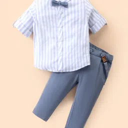 ToffyHouse 100% Cotton Woven Full Sleeves Striped Shirt & Trouser Set with Bow & Suspender - Greyish Blue-picture-28